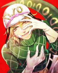 Rule 34 | 1boy, bandages, bandage on face, blonde hair, diego brando, fangs, gloves, green shirt, hat, jin akhr, jojo no kimyou na bouken, male focus, red eyes, scary monsters (stand), shirt, short hair, slit pupils, solo, stand (jojo), steel ball run, sweater, tail, turtleneck