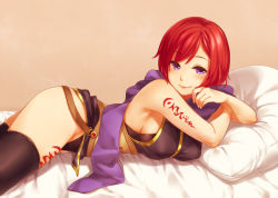 Rule 34 | 1girl, ass, bare shoulders, bed, black thighhighs, blush, breasts, covered erect nipples, large breasts, looking at viewer, lying, nel zelpher, no bra, on stomach, pillow, purple eyes, red hair, sasanoneko, short hair, sideboob, smile, solo, star ocean, star ocean till the end of time, tattoo, thighhighs