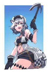 Rule 34 | 1girl, animal ears, arknights, bandeau, belt, black bandeau, black gloves, black shorts, blue sky, book, border, cabbie hat, cliffheart (arknights), coat, commentary request, gloves, grey eyes, grey hair, hat, highres, holding, hook, jewelry, leopard ears, leopard girl, leopard tail, looking at viewer, material growth, necklace, open clothes, open coat, open mouth, oripathy lesion (arknights), shima (wideshi ma), short hair, shorts, sky, smile, solo, tail, white belt, white coat, white hat
