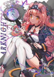 Rule 34 | 1girl, absurdres, animal ears, arknights, black jacket, black skirt, braid, breasts, brown eyes, cat ears, collarbone, commentary request, frilled skirt, frills, garter straps, goldenglow (arknights), highres, holding, holding staff, jacket, knees together feet apart, lightning bolt print, long hair, long sleeves, looking at viewer, mimma ring (nobuyueli), open clothes, open jacket, orb, pink footwear, pink hair, puffy long sleeves, puffy sleeves, shirt, shoes, single braid, skindentation, skirt, small breasts, solo, staff, tears, thighhighs, white shirt, white thighhighs