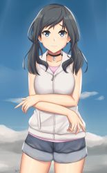 Rule 34 | 1girl, amano hina (tenki no ko), arcie albano, artist name, bare arms, bare shoulders, black choker, black hair, black shorts, blue eyes, blue sky, choker, cloud, collarbone, commentary, commentary request, cowboy shot, crossed arms, day, english commentary, highres, jacket, jewelry, looking at viewer, low twintails, medium hair, mixed-language commentary, outdoors, pendant, purple shirt, shirt, shorts, sky, sleeveless, sleeveless jacket, sleeveless shirt, smile, solo, standing, tenki no ko, twintails, white jacket