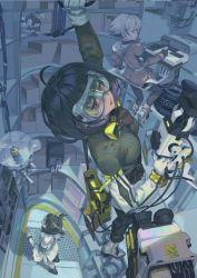 Rule 34 | 3girls, absurdres, ahoge, arknights, arm up, armband, bird mask, black footwear, black hair, black legwear, black pants, boots, box, breasts, brown eyes, brown hair, cable, cardboard box, chinese commentary, coat, drone, eyelashes, feather hair, from above, full body, glasses, gloves, goggles, green sweater, highres, hood, hooded jacket, indoors, jacket, lips, looking at viewer, looking back, machinery, magallan (arknights), magallan (elite ii) (arknights), mask, mask around neck, mayer (arknights), medium breasts, multicolored hair, multiple girls, open mouth, orange jacket, pants, pantyhose, ribbed sweater, robot, rui (gsr1982), science fiction, shelf, short hair, silence (arknights), silver hair, sitting, standing, streaked hair, sweater, two-tone hair, white coat, white footwear, white gloves, wide sleeves