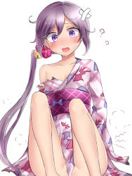 Rule 34 | 10s, 1girl, ?, akebono (kancolle), animal print, bandaid, bandaid on face, bandaid on forehead, bare legs, bell, blush, bow, breasts, commentary request, convenient censoring, fish print, flower, hair bell, hair between eyes, hair flower, hair ornament, highres, japanese clothes, jingle bell, kantai collection, kimono, knees up, long hair, long sleeves, neit ni sei, no panties, obi, off shoulder, open mouth, pink kimono, purple eyes, purple hair, sash, side ponytail, sitting, small breasts, solo, surprised, sweatdrop, thighs, torn clothes, torn kimono, white background, wide sleeves, yukata