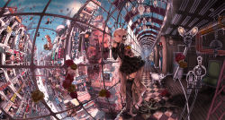 Rule 34 | 1girl, checkered floor, cityscape, clutter, commentary request, dog, duplicate, fisheye, flower, garter belt, gothic lolita, high heels, highres, john hathway, lace, lace-trimmed legwear, lace trim, light bulb, lolita fashion, long hair, original, photoshop (medium), pixel-perfect duplicate, red eyes, reflection, rose, scenery, shoes, thighhighs, vanishing point