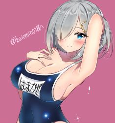 Rule 34 | 1girl, armpits, blue eyes, breasts, cleavage, commentary request, hair ornament, hair over one eye, hairclip, hamakaze (kancolle), highres, kantai collection, large breasts, looking at viewer, name tag, neku (sky hologram), purple background, school swimsuit, short hair, silver hair, smile, solo, swimsuit, twitter username, upper body, wet, wet clothes, wet swimsuit