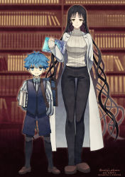Rule 34 | 1boy, backpack, bag, black hair, black legwear, black pants, blue hair, blue shorts, blue vest, book, bow, bowtie, coat, facial mark, fate/extra, fate/extra ccc, fate/grand order, fate (series), forehead mark, full body, hans christian andersen (fate), highres, loafers, long hair, long sleeves, meiji ken, pants, parted bangs, ribbed sweater, sessyoin kiara, shirt, shoes, short hair, shorts, slippers, smile, striped clothes, striped shirt, sweater, turtleneck, turtleneck sweater, vertical-striped clothes, vertical-striped shirt, very long hair, vest, white coat, white sweater, yellow eyes