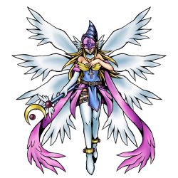 Rule 34 | 1girl, angel, angel wings, angewomon, ankleband, asymmetrical gloves, bare shoulders, belt, belt buckle, buckle, covered eyes, crescent moon, dark magician girl, digimon, digimon (creature), elbow gloves, female focus, full body, fusion, gloves, hat, helmet, magician, moon, solo, staff, thigh strap, thighhighs, white gloves, white thighhighs, wings, wizard hat, yu-gi-oh!