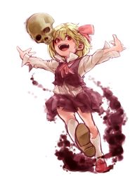 Rule 34 | 1girl, :d, blonde hair, blouse, darkness, hair ribbon, open mouth, outstretched arms, red eyes, ribbon, rumia, shiro (hakukosui), shirt, short hair, skirt, skull, smile, spread arms, touhou, vest