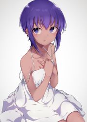 Rule 34 | 1girl, absurdres, armpit crease, bare arms, bare shoulders, blush, collarbone, dark-skinned female, dark skin, dress, fate/prototype, fate/prototype: fragments of blue and silver, fate (series), gradient background, hand on own chest, hassan of serenity (fate), highres, looking at viewer, monobe tsukuri, parted lips, purple eyes, purple hair, short hair, sidelocks, simple background, sitting, solo, strap slip, sundress, white dress