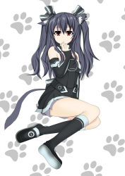 Rule 34 | animal ears, bare shoulders, black hair, boots, breasts, cat, cat ears, cat girl, cat tail, dress, gloves, highres, knees, leggings, long hair, magatsureinami, necko, neptune (series), nervous, red eyes, skirt, small breasts, tail, thighs, tsundere, twintails, two side up, uni (neptunia)
