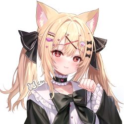 Rule 34 | 1girl, 72 chiri, absurdres, animal ears, black choker, black shirt, blonde hair, bow, bowtie, cat ears, choker, commission, fang, frilled choker, frilled shirt collar, frills, hair ornament, hair ribbon, hairclip, hand up, heart, heart-shaped pupils, highres, long hair, long sleeves, looking at viewer, original, paw pose, red eyes, ribbon, shirt, smile, solo, symbol-shaped pupils, twintails, upper body, x hair ornament