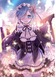 Rule 34 | 10s, 1girl, apron, bad id, bad pixiv id, black ribbon, blue eyes, blue hair, blue sky, blush, breasts, cleavage, cloud, cloudy sky, cowboy shot, day, detached collar, detached sleeves, flower, frills, glowing, hair ornament, hair over one eye, hair ribbon, light rays, looking at viewer, maid, maid headdress, matching hair/eyes, medium breasts, nozomi fuuten, open mouth, outdoors, outstretched arms, pantyhose, petals, puffy sleeves, purple ribbon, re:zero kara hajimeru isekai seikatsu, rem (re:zero), ribbon, short hair, sky, smile, solo, tears, waist apron, white flower, white pantyhose, x hair ornament