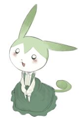 Rule 34 | :3, alternate costume, blush, collared shirt, commentary request, creature, dress, full body, green dress, green skirt, highres, long sleeves, looking at viewer, nitadake, no humans, open mouth, shirt, simple background, sketch, skirt, smile, suspender skirt, suspenders, tail, v arms, voiceroid, white background, white shirt, zundamon