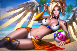 Rule 34 | 1girl, adapted costume, arm support, arm tattoo, arm up, armor, artist name, ball, beach, beachball, bikini, bikini armor, bikini skirt, blonde hair, blue eyes, blue sky, blurry, breasts, cleavage, cloud, cocktail umbrella, cup, day, depth of field, drinking glass, drinking straw, elbow gloves, eyeshadow, food, fruit, gloves, glowing, glowing wings, halo, hand in own hair, holding, holding removed eyewear, light smile, lime (fruit), lime slice, lips, looking at viewer, lying, makeup, martini, mechanical halo, mechanical wings, medium breasts, mercy (overwatch), michelle hoefener, nail polish, navel, nose, on side, outdoors, overwatch, overwatch 1, palm tree, parted lips, sand, shadow, showgirl skirt, signature, silver nails, sky, solo, sunglasses, swimsuit, swiss flag, tattoo, thighhighs, tree, unworn eyewear, wine glass, wings, yellow wings