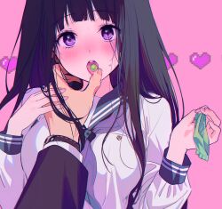 Rule 34 | 1girl, artist logo, black hair, blush, breasts, candy, candy wrapper, chitanda eru, finger to another&#039;s mouth, food, hands up, heart, highres, holding, hyouka, kamiyama high school uniform (hyouka), long hair, long sleeves, looking at viewer, mery (yangmalgage), open mouth, purple eyes, sailor collar, saliva, school uniform, shirt, solo focus, tongue, tongue out, watch, wristwatch