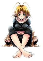 Rule 34 | 1girl, antenna hair, barefoot, blonde hair, breasts, cleavage, collarbone, face, feet, green eyes, large breasts, midriff, minarai, navel, original, pointy ears, sitting, solo