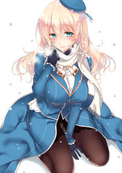 Rule 34 | 1girl, atago (kancolle), ayase hazuki, beret, black gloves, black pantyhose, blonde hair, blue hat, breasts, breath, closed eyes, closed mouth, commentary request, gloves, green eyes, hat, kantai collection, large breasts, long hair, long sleeves, military, military uniform, pantyhose, scarf, simple background, sitting, smile, snowflakes, solo, uniform, wariza, white background, white scarf