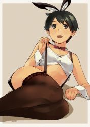 Rule 34 | 1girl, alternate costume, animal ears, black eyes, black hair, black thighhighs, blush, breasts, crop top, kantai collection, makio (makiomeigenbot), medium breasts, mogami (kancolle), open mouth, rabbit ears, shadow, short hair, signature, simple background, sleeveless, solo, suspenders, thighhighs, two-tone background, wrist cuffs