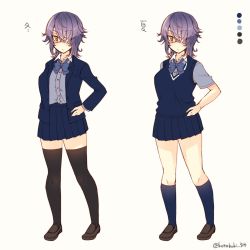 Rule 34 | 1girl, black socks, blue skirt, blush, breasts, brown socks, closed mouth, collared shirt, eyepatch, hand on own hip, highres, kantai collection, kneehighs, kotobuki (momoko factory), large breasts, loafers, looking at viewer, purple hair, school uniform, shirt, shoes, short hair, skirt, socks, standing, tenryuu (kancolle), thighhighs, yellow eyes, zettai ryouiki