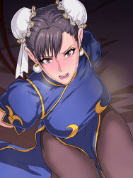 Rule 34 | 1girl, arms behind back, bed, black eyes, black hair, blush, bound, breasts, chinese clothes, chun-li, double bun, earrings, heavy breathing, highres, large breasts, legs, looking at viewer, open mouth, pantyhose, puffy sleeves, restrained, short sleeves, sitting, solo, street fighter, thighs, tied up