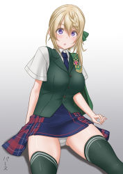 Rule 34 | 1girl, :o, blonde hair, blouse, blue necktie, blue skirt, braid, braided bangs, braided bun, breasts, character name, commentary request, dress shirt, gluteal fold, gradient background, green thighhighs, green vest, hair bun, highres, kantai collection, large breasts, looking at viewer, necktie, panties, pantyshot, perth (kancolle), plaid, plaid skirt, pleated skirt, school uniform, shirt, short hair, short sleeves, simple background, sitting, skirt, solo, t2r, thighhighs, underwear, vest, white background, white panties, white shirt