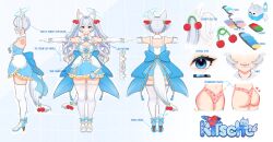 Rule 34 | 1girl, absurdres, animal ear fluff, animal ears, artist request, ass, blue bow, blue dress, blue eyes, blue footwear, blue wristband, bow, breasts, character name, character sheet, cherry, cherry hair ornament, collar, detached collar, dress, dress bow, elbow gloves, fangs, food, food-themed hair ornament, food print, fox ears, fox girl, fox tail, frilled dress, frilled wristband, frills, fruit, full body, gloves, grey hair, hair ornament, halo, heart, high heels, highres, indie virtual youtuber, kirsche verstahl, lace, lace-trimmed dress, lace trim, medium breasts, official art, panties, pink panties, print panties, second-party source, strawberry panties, strawberry print, t-pose, tail, tassel, thighhighs, twintails, underwear, virtual youtuber, wavy hair, white bow, white collar, white gloves, white thighhighs