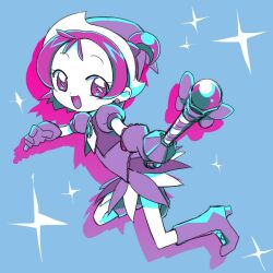 Rule 34 | 1girl, :d, blue background, boots, dress, drop shadow, earrings, full body, gloves, hat, holding, holding wand, jewelry, knee boots, limited palette, looking at viewer, magical girl, ojamajo doremi, one side up, open mouth, purple dress, purple eyes, purple footwear, purple gloves, purple hair, purple hat, segawa onpu, short hair, short sleeves, smile, solo, sparkle, wand, witch hat, yoko.u