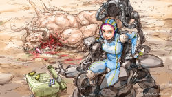 Rule 34 | 1girl, armor, blood, bodysuit, breasts, crotch plate, darren geers, death, deathclaw, fallout (series), forehead, green eyes, guro, knee pads, looking at viewer, pink hair, power armor, solo focus