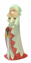 Rule 34 | 1girl, blonde hair, braid, brown eyes, female focus, final fantasy, final fantasy tactics, final fantasy tactics: hakuma doushi shibari, full body, gloves, hat, holding, holding sword, holding weapon, hood, kyokusetu, long hair, looking at viewer, low twintails, own hands together, robe, simple background, smile, solo, standing, sword, twin braids, twintails, weapon, white background, white mage, white mage (fft), white mage (final fantasy)