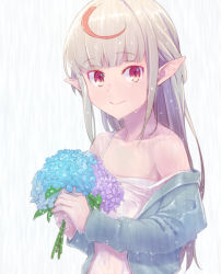 Rule 34 | 1girl, ahoge, bare shoulders, camisole, commentary request, dyed ahoge, flower, grey hair, holding, holding flower, jacket, long hair, looking at viewer, makaino ririmu, multicolored hair, navel, nijisanji, off shoulder, open clothes, open jacket, pointy ears, red eyes, red hair, sabamen, see-through, sidelocks, simple background, smile, solo, strap slip, streaked hair, upper body, virtual youtuber, wet, white background