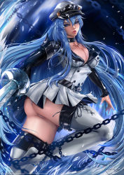 Rule 34 | 1girl, akame ga kill!, ass, blue eyes, blue hair, breasts, chain, choker, cleavage, clothes lift, collarbone, esdeath, hair between eyes, hat, highres, holding, holding sword, holding weapon, ice, javier estrada, large breasts, long hair, military, military uniform, panties, panty peek, peaked cap, sadism, skirt, skirt lift, solo, sword, tattoo, thigh strap, thighhighs, thighs, turning head, underwear, uniform, weapon