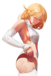 Rule 34 | 1girl, absurdres, blonde hair, blush, bob cut, breasts, closed mouth, detached sleeves, from side, garter straps, gewwyart, hair ornament, hairclip, highres, hololive, hololive english, medium breasts, medium hair, meme attire, navel, ribbed sweater, sideboob, simple background, solo, sweater, thighhighs, thighs, turtleneck, virgin destroyer sweater, virtual youtuber, watson amelia, white background, white sweater, white thighhighs
