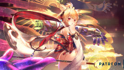 Rule 34 | 1girl, andira (granblue fantasy), animal ears, ass, back bow, bare shoulders, blonde hair, blush, bow, breasts, circlet, commentary, cowboy shot, detached sleeves, egasumi, erune, fur-trimmed sleeves, fur trim, glowing, granblue fantasy, highres, holding, holding staff, janyhero, leotard, long sleeves, looking at viewer, looking to the side, monkey ears, outstretched arm, parted lips, print bow, red bow, red eyes, short hair, sidelocks, small breasts, solo, staff, standing, two side up, white leotard, wide sleeves