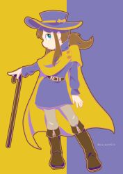 Rule 34 | 1girl, a hat in time, absurdres, aged up, arm at side, belt, belt buckle, blue eyes, boots, bow, brown belt, brown footwear, brown hair, brown outline, brown pants, buckle, buttons, cane, cape, commentary request, flat color, hat, hat bow, hat kid, hat ribbon, highres, holding, holding cane, index finger raised, jacket, knee boots, long hair, long sleeves, looking at viewer, looking to the side, open hand, oso karin524, outstretched arm, pants, parted lips, ponytail, purple background, purple hat, purple jacket, ribbon, sidelocks, simple background, solo, standing, sun hat, turning head, twitter username, two-tone background, yellow background, yellow bow, yellow cape, yellow ribbon, zipper pull tab