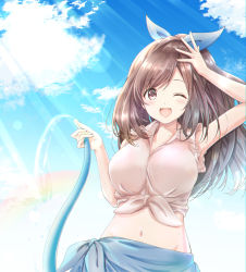Rule 34 | 1girl, ;d, akisaka yamoka, blue bow, blue skirt, blue sky, bow, breasts, brown eyes, brown hair, day, hair bow, hand over face, highres, holding, holding hose, hose, idolmaster, idolmaster shiny colors, large breasts, looking at viewer, midriff, navel, one eye closed, open mouth, outdoors, pink shirt, shirt, skirt, sky, smile, solo, tied shirt, tsukioka kogane, water