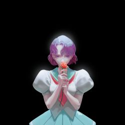 Rule 34 | 1girl, black background, bloom, covered mouth, cowboy shot, flower, flower over mouth, green skirt, highres, holding, holding flower, looking at viewer, merong 8p, ootori gakuen school uniform, puffy sleeves, purple eyes, purple hair, red neckwear, rose, school uniform, short hair, shoujo kakumei utena, skirt, solo, takatsuki shiori