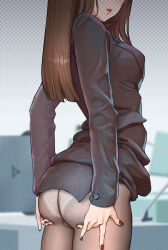 Rule 34 | 1girl, ass, black shirt, boyleart, breasts, brown hair, brown pantyhose, desk, head out of frame, highres, indoors, long hair, long sleeves, medium breasts, nail polish, office lady, panties, pantyhose, red nails, shirt, standing, underwear, white panties
