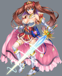 Rule 34 | 1girl, :d, armor, armored boots, armpits, awakening (sennen sensou aigis), bare shoulders, belt, bikini, bikini armor, bikini top only, blue bow, blue eyes, blue gemstone, blush, boots, bow, breasts, brooch, brown hair, cape, cleavage, corset, cross-laced clothes, detached collar, detached sleeves, eyelashes, frilled bikini, frilled sleeves, frills, full body, gauntlets, gem, glowing, glowing sword, glowing weapon, green gemstone, grey background, grey footwear, hair bow, holding, holding sword, holding weapon, jewelry, knee boots, lambda (kusowarota), large breasts, leg up, long hair, long sword, looking at viewer, magic, open mouth, outstretched arm, red bow, red gemstone, red skirt, sennen sensou aigis, sherry (sennen sensou aigis), short sleeves, simple background, skirt, smile, solo, standing, standing on one leg, swimsuit, sword, tareme, tassel, thighhighs, tiara, twintails, veil, very long hair, vortex, waist cape, weapon, white thighhighs, zettai ryouiki