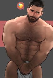Rule 34 | 1boy, abs, arm hair, bara, bare pectorals, beard, blush, chest hair, covering crotch, covering privates, cowboy shot, dopey (dopq), embarrassed, emoji, facial hair, from above, highres, large pectorals, looking away, male focus, male pubic hair, mature male, muscular, muscular male, mustache, naked towel, navel, navel hair, nipples, nude cover, original, pectorals, pubic hair, pubic hair peek, short hair, solo, stomach, thick eyebrows, thick thighs, thighs, towel