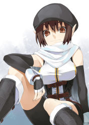 Rule 34 | 1girl, bare shoulders, bike shorts, boots, breasts, brown eyes, brown hair, buckle, elbow gloves, fingerless gloves, gloves, hat, knee up, large breasts, looking at viewer, murata taichi, original, pointy ears, scarf, shirt, sitting, sleeveless, sleeveless shirt, smile, solo, white scarf