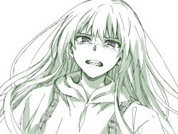 Rule 34 | 1other, clenched teeth, enkidu (fate), eyebrows hidden by hair, fate/strange fake, fate (series), hair between eyes, kingu (fate), long hair, looking at viewer, monochrome, purple eyes, robe, simple background, solo, spot color, tachitsu teto, teeth, upper body, white background