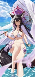 Rule 34 | 1girl, a.h., absurdres, animal ears, bikini, black hair, blue archive, blue sky, blurry, blush, bracelet, breasts, cloud, commentary, day, depth of field, flower, fox ears, fox tail, halo, highres, holding, jewelry, large breasts, long hair, looking at viewer, ocean, official alternate costume, outdoors, parasol, purple bikini, revision, sky, solo, sweat, swimsuit, tail, umbrella, wakamo (blue archive), wakamo (swimsuit) (blue archive), yellow eyes