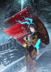 Rule 34 | 1girl, alice (sinoalice), artist name, black hair, black kimono, black umbrella, bob cut, building, closed mouth, commentary request, glowing, glowing horns, highres, himiko (326ontheweb), holding, holding umbrella, horns, japanese clothes, kimono, long sleeves, looking at viewer, night, obi, oil-paper umbrella, orange eyes, original, outdoors, red eyes, sash, short hair, signature, sinoalice, smile, snow, snowing, solo, stairs, standing, umbrella, wide sleeves, winter
