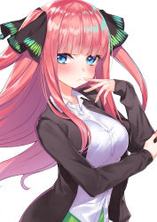 Rule 34 | 1girl, :&lt;, absurdres, black cardigan, black ribbon, blue eyes, blunt bangs, blush, breasts, butterfly hair ornament, cardigan, eyebrows hidden by hair, frown, go-toubun no hanayome, green skirt, hachiroku (hatirokusann86), hair ornament, hand to own mouth, highres, hime cut, large breasts, long hair, looking at viewer, nakano nino, open cardigan, open clothes, pink hair, ribbon, shirt, simple background, skirt, tented shirt, twintails, v-shaped eyebrows, white background, white shirt