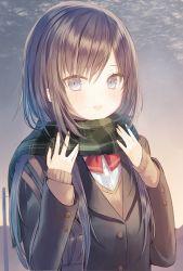 Rule 34 | 1girl, :d, blazer, blue eyes, brown hair, copyright request, dress shirt, green scarf, highres, io enishi, jacket, open mouth, outdoors, plaid, plaid scarf, scarf, school uniform, shirt, sleeves past wrists, smile, solo, sweater, upper body, white shirt