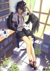 Rule 34 | 1girl, bare legs, black hair, book, bookshelf, camera, chair, collarbone, curtains, female focus, full body, legs, light smile, long legs, looking at viewer, madyy, messy hair, photo (object), red eyes, shameimaru aya, short hair, sitting, skirt, smile, solo, thighs, touhou, untied, window, wings