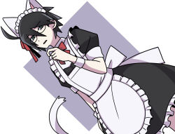 1boy ahoge alternate_costume animal_ears black_hair cat_ears cat_tail crossdressing enmaided glasses green_eyes highres itoshiki_nozomu looking_at_viewer magusagari maid male_focus male_maid red_ribbon ribbon sayonara_zetsubou_sensei simple_background solo tail white_background