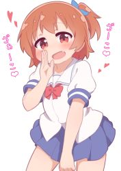 Rule 34 | 1girl, :d, blue bow, blue skirt, blush, bow, bowtie, brown hair, commentary request, fang, hair bow, hand up, hatafuta, heart, hoshino hinata, looking at viewer, medium hair, open mouth, pleated skirt, red bow, red bowtie, red eyes, sailor collar, school uniform, serafuku, shirt, short ponytail, short sleeves, simple background, skirt, smile, solo, standing, translated, watashi ni tenshi ga maiorita!, white background, white sailor collar, white shirt