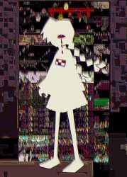 Rule 34 | 1girl, abstract, abstract background, arms at sides, blood, bloody tears, blue eyes, braid, chromatic aberration, colored sclera, full body, highres, long sleeves, looking at viewer, madotsuki, natae (niteeee9314), one-eyed, pale skin, red sclera, skirt, solo, standing, tears, turtleneck, twin braids, twintails, wide sleeves, yume nikki
