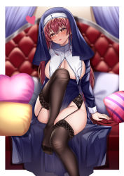 Rule 34 | 1girl, absurdres, black socks, border, breasts, breasts out, couch, feet, garter belt, habit, heart, highres, hololive, houshou marine, houshou marine (nun), kneehighs, large breasts, leg up, long hair, nun, open mouth, pillow, red eyes, red hair, sitting, socks, solo, thighs, tufang, underboob, virtual youtuber, white border